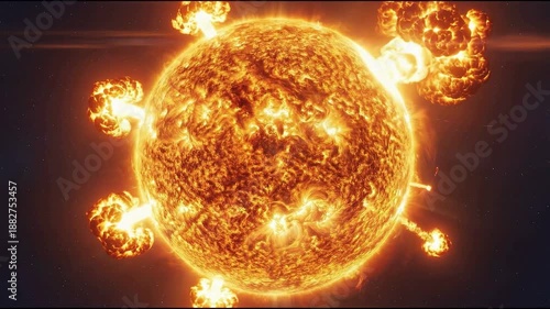 A fiery solar explosion of burning orange plasma glows like a hot star or planet, casting intense heat and light from a burning ball of flames against a black space background