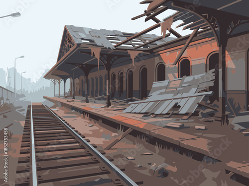 A desolate, abandoned train station ruin dominates the scene. Rustic textures and muted colors evoke a sense of forgotten history. Dramatic composition and detailed illustration.