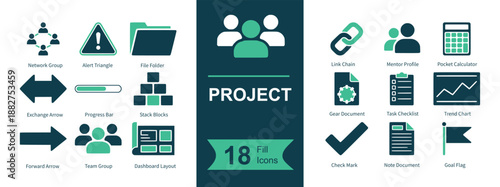 Project icon set. Containing team, planning, workflow, tasks, checklist, roadmap, progress bar, gantt, report, analytics, budget, link, folder, warning and more. Solid vector icons collection