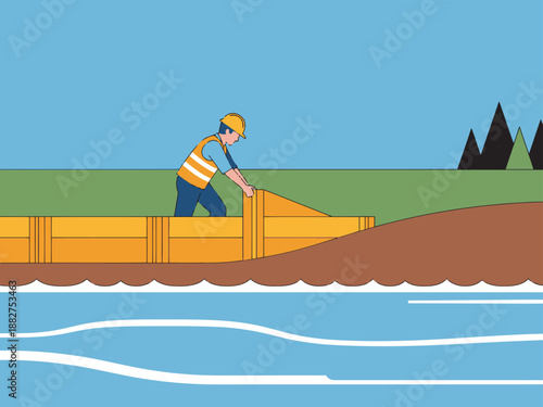 A construction worker deploys a flood barrier, protecting land from rising water. Clear, bright illustration showcasing flood defense techniques.