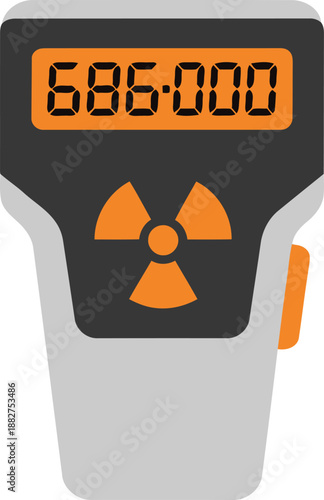 A digital Geiger counter displays a high radiation reading. The device features a clear LCD screen and a prominent radiation symbol. Professional, technical, and informative.