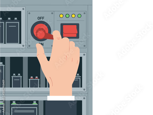 A hand activates a battery charging station with illuminated switches. Modern, clean design. Focus on power and charging. Suitable for tech and energy concepts.