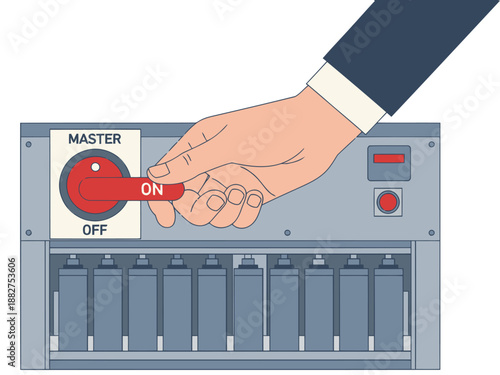 A hand activates a power switch controlling battery charging. Clean, modern illustration with a focus on power and control. Suitable for tech, business, and energy concepts.