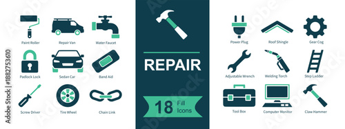 Repair icon set. Containing tools, hammer, wrench, screwdriver, toolbox, ladder, plumber tap, paint roller, welding torch, car service, lock, gear and more. Solid vector icons collection