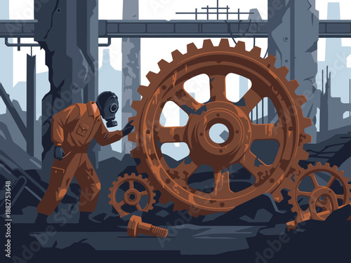 A lone scavenger in a gas mask examines a massive rusted gear within a ruined industrial complex. Dramatic, post-apocalyptic scene.
