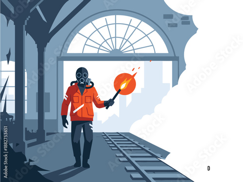 A lone survivor carries a flare through an abandoned station, evoking a sense of post-apocalyptic drama and resilience. Dramatic lighting and stark composition create a compelling visual.