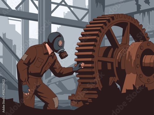 A lone scavenger explores a decaying industrial ruin, examining a massive gear. Atmospheric and gritty, highlighting post-apocalyptic survival.