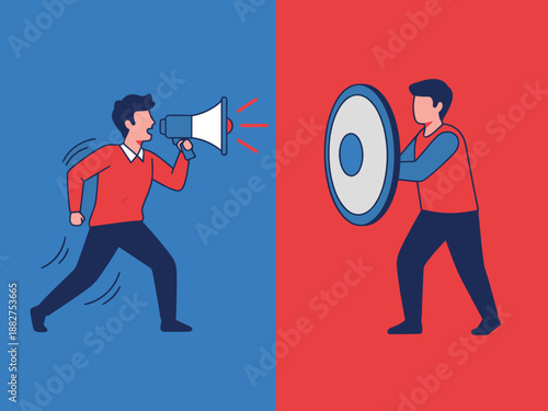 A man aggressively speaks through a megaphone, facing a man holding a shield. Illustrative graphic representing communication conflict. Bold colors, modern style.