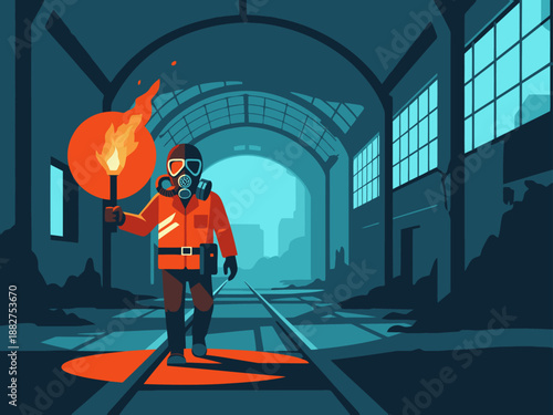 A lone survivor guides a flare through an abandoned station, evoking a sense of post-apocalyptic drama and resilience. Dramatic lighting and a detailed composition create a compelling visual.