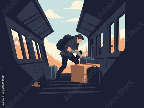 A lone traveler meticulously gathers supplies from an abandoned train car, framed by a scenic mountain backdrop. Dramatic lighting and detailed illustration.