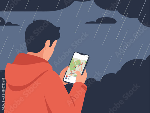 A young man uses his phone to check an evacuation map during a rainy night. Dramatic lighting highlights the urgency and concern.  Clear composition, suitable for informational graphics.