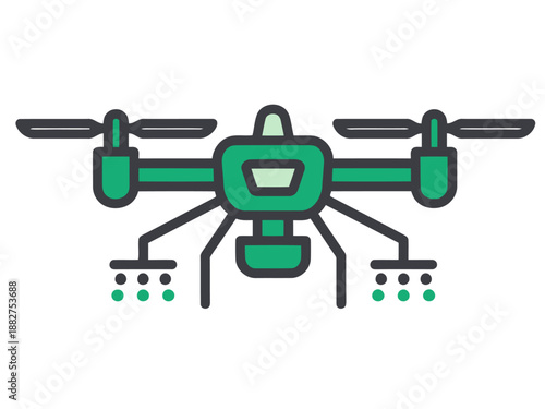 A modern agriculture drone sprayer icon. Clean, green lines depict a sprayer drone, ideal for agricultural themes and digital design. Suitable for commercial use.