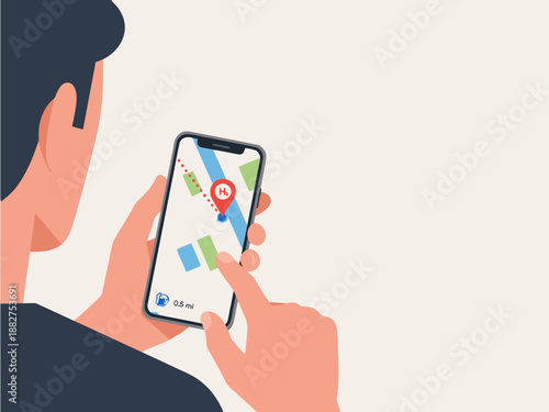 A man uses a smartphone app to locate a hydrogen station. The map interface highlights a station on a city street. Modern, clean design.