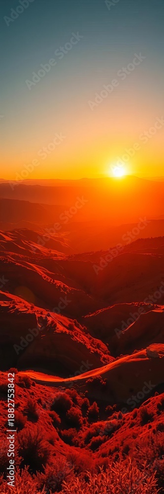 Fototapeta premium Sun-drenched valley ablaze with gold and crimson hues, stretching to infinity, wide angle, breathtaking