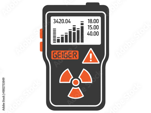 A stylized Geiger counter illustration. Bold design with radiation symbol and digital display. Perfect for tech, science, or warning graphics.