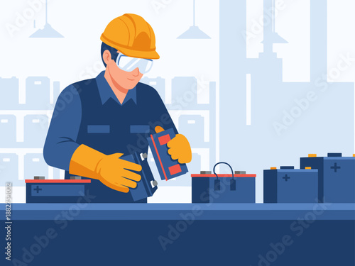 A worker safely handles batteries in a workshop. Focused on safety and equipment. Clean, modern illustration.