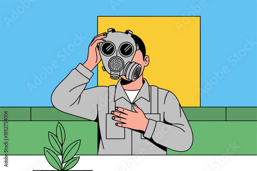 A worker wearing a gas mask removes it in a safe zone, highlighting safety protocols. Clean, graphic illustration with a focus on protection and secure environments.