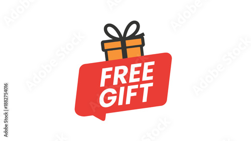 A red speech bubble with a free gift icon on a white background