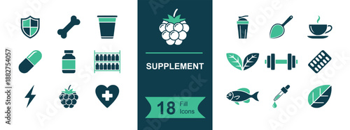Supplement icon set. Containing vitamins, capsule, bottle, herbal leaves, berries, fish oil, dropper, fitness, health care, protein shake, energy, wellness and more. Solid vector icons collection