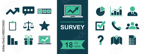Survey icon set. Containing questionnaire, checklist, feedback, poll, analytics, report, rating, interview, phone call, respondents, results chart, map pin and more. Solid vector icons collection