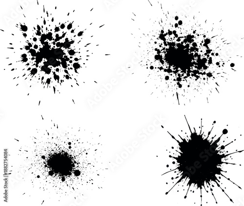 Abstract black ink splatter and spray paint drops texture overlay isolated on white