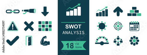 SWOT analysis icon set. Containing strategy matrix, strengths, weaknesses, opportunities, threats, target, chart growth, checklist, warning, insight, planning, teamwork and more. Solid vector icons co