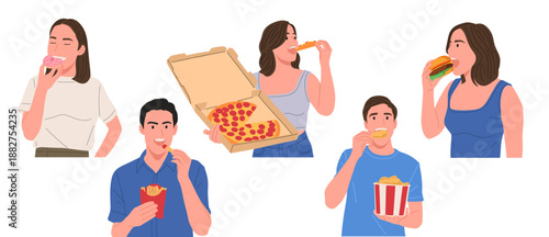 People eating junk food and fast food set. Men and women enjoying pizza, burger, donut, fries, and snacks. Concept of unhealthy eating, fast food lifestyle, snack cravings, street food, and casual 