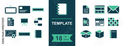 Template icon set. Containing document, form, layout, website, email, notebook, calendar, spreadsheet, certificate, report, package, flowchart and more. Solid fill vector icons collection