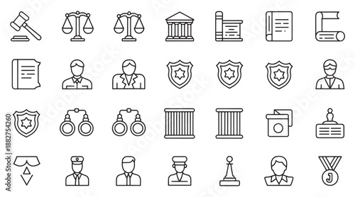 A set of 20 black line icons on law and justice. The collection includes symbols like a gavel, scales, courthouse, judge, and more, rendered in a clean, minimalist style