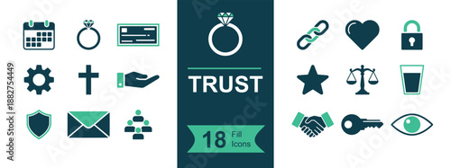 Trust icon set. Containing handshake, shield, lock, key, chain, heart, star, scales, eye, support hand, team, calendar, mail, card, cross, ring and more. Solid fill vector icons collection