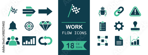 Workflow icon set. Containing process, automation, robot, checklist, gear, link, warning, target, chart, team, sync, arrow, flag, stamp and more. Solid fill vector icons collection
