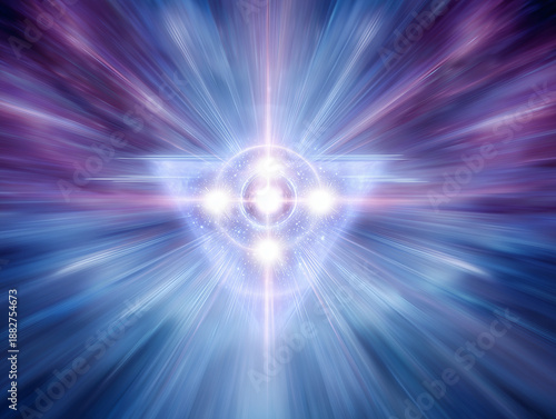 Spiritual consciousness featuring radiant cross light and sacred geometry. Divine soulawakening with blue purple spiral energy, white circles, and triangle beams representing wisdom and creation.