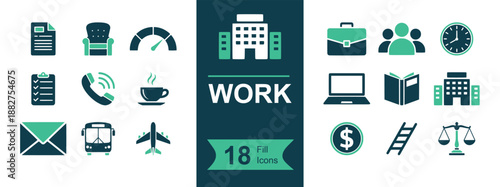 Work icon set. Containing office, briefcase, team, laptop, document, checklist, phone, email, coffee, clock, building, bus, plane, money, ladder and more. Solid fill vector icons collection