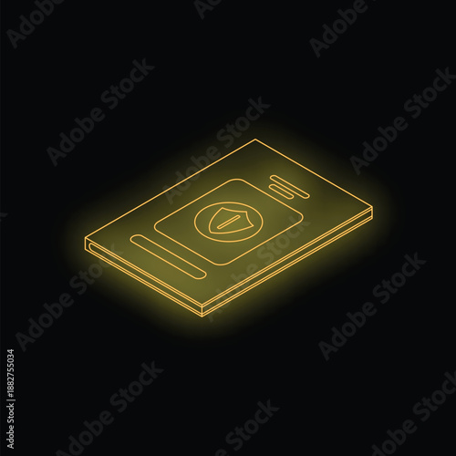 Glowing neon yellow icon of an insurance policy document is representing the concept of insurance coverage