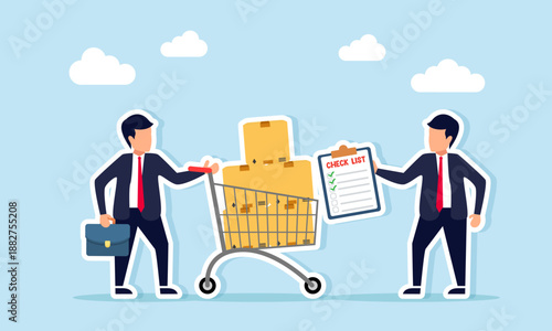 Businessman showing checklist document to another businessman pushing shopping trolley with stacked boxes illustration of inspecting and checking logistics business operational procedures