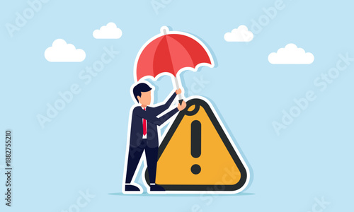 Businessman using umbrella to protect attention sign illustration of being alert to business issues that need extra focus