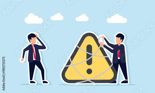 Confused businessman facing another businessman tying attention sign with rope illustration of breaking free from business problems that need extra focus
