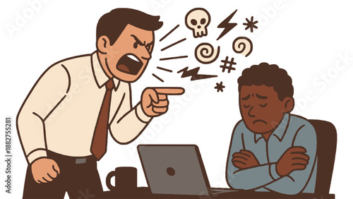 A stressed employee sitting at a desk being scolded by an angry boss in office