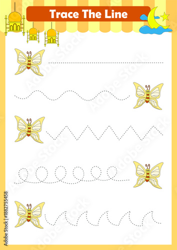 Trace line worksheets for children. Preschool handwriting practice with animals. Vector illustration