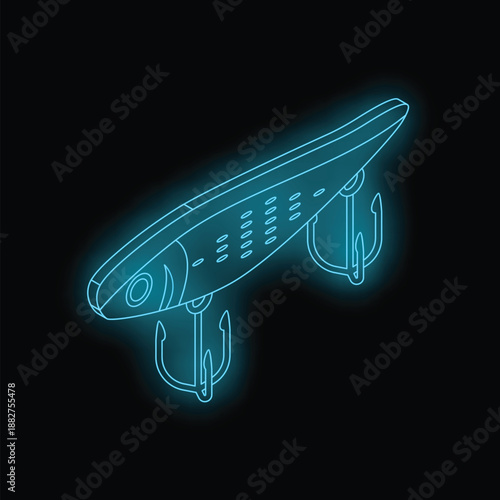 Neon blue isometric fishing lure glowing on black background