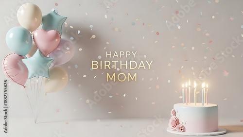 A festive birthday scene with balloons and cake celebrating a special mom