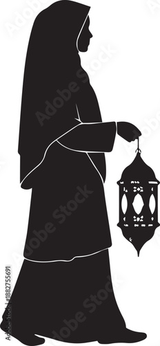 Muslim woman silhouette holding lantern vector illustration ramadan celebration