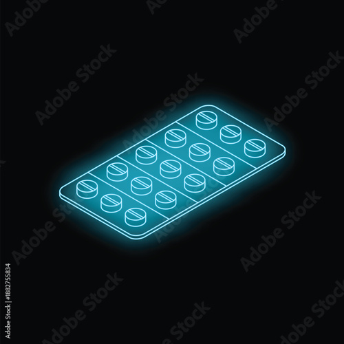 Neon blue pills pack glowing on black background, representing medicine, healthcare, and pharmaceuticals