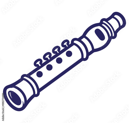 Detailed dark blue line art illustration of a musical woodwind instrument flute