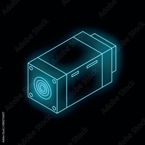 Neon hydraulic pump icon glowing on black background, representing power and efficiency in fluid mechanics