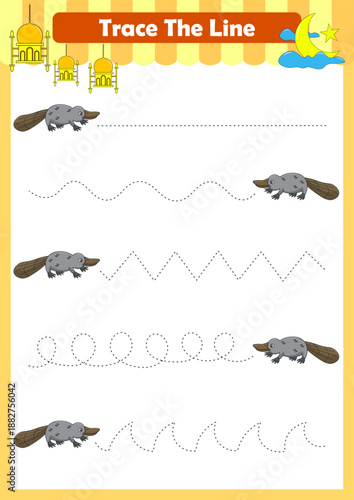 Trace line worksheets for children. Preschool handwriting practice with animals. Vector illustration