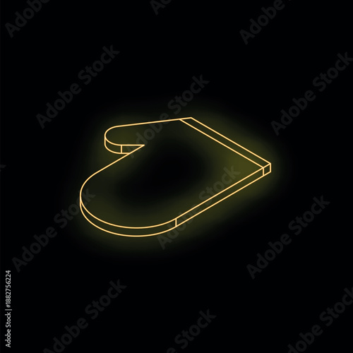 Glowing yellow neon oven mitt isometric icon radiating on black background, perfect for kitchen and cooking concepts