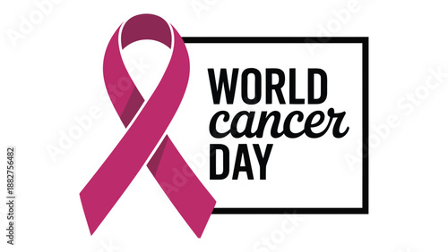  world cancer day awareness design with pink ribbon and bold typography frame symbolizing cancer prevention, support, hope, healthcare advocacy and global health awareness on white background
