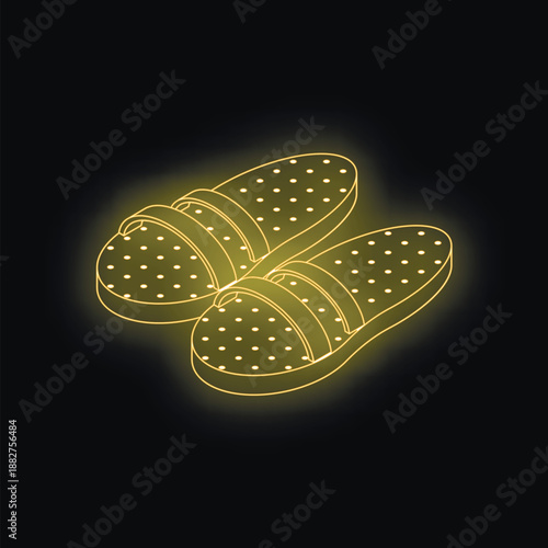 Neon yellow slippers glowing on a black background, creating a vibrant and eye catching image