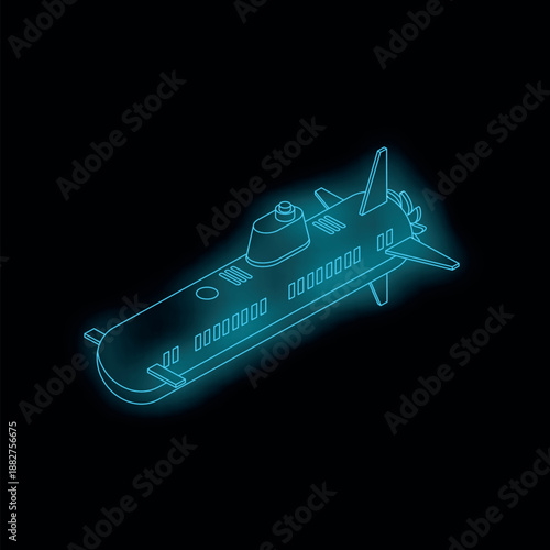Neon blue submarine navigating dark waters, showcasing advanced underwater technology